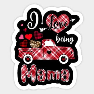 I Love Being Mama Red Plaid Truck Heart Valentines Day Sticker